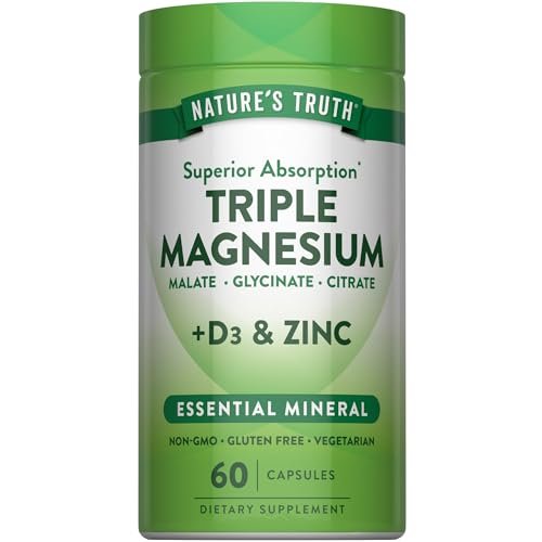 Nature's Truth Triple Magnesium Complex – 60 Kapseln mit Glycinat, Citrat & Malat, plus Vitamin D3 & Zink – Vegetarisch, Nicht-GVO, Glutenfrei