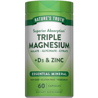 Nature's Truth Triple Magnesium Complex – 60 Kapseln mit Glycinat, Citrat & Malat, plus Vitamin D3 & Zink – Vegetarisch, Nicht-GVO, Glutenfrei