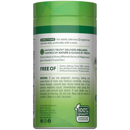 Nature's Truth Triple Magnesium Complex – 60 Kapseln mit Glycinat, Citrat & Malat, plus Vitamin D3 & Zink – Vegetarisch, Nicht-GVO, Glutenfrei