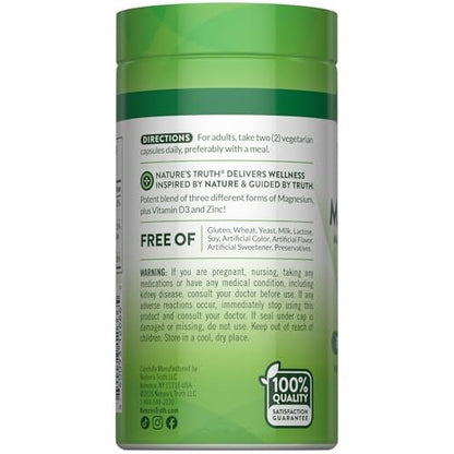 Nature's Truth Triple Magnesium Complex – 60 Kapseln mit Glycinat, Citrat & Malat, plus Vitamin D3 & Zink – Vegetarisch, Nicht-GVO, Glutenfrei