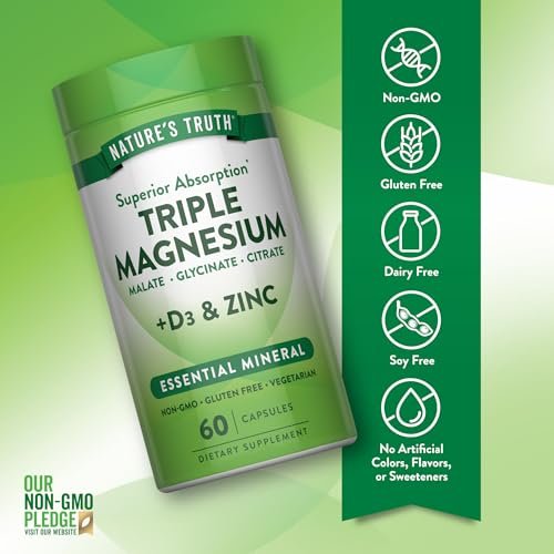 Nature's Truth Triple Magnesium Complex – 60 Kapseln mit Glycinat, Citrat & Malat, plus Vitamin D3 & Zink – Vegetarisch, Nicht-GVO, Glutenfrei