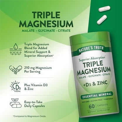 Nature's Truth Triple Magnesium Complex – 60 Kapseln mit Glycinat, Citrat & Malat, plus Vitamin D3 & Zink – Vegetarisch, Nicht-GVO, Glutenfrei