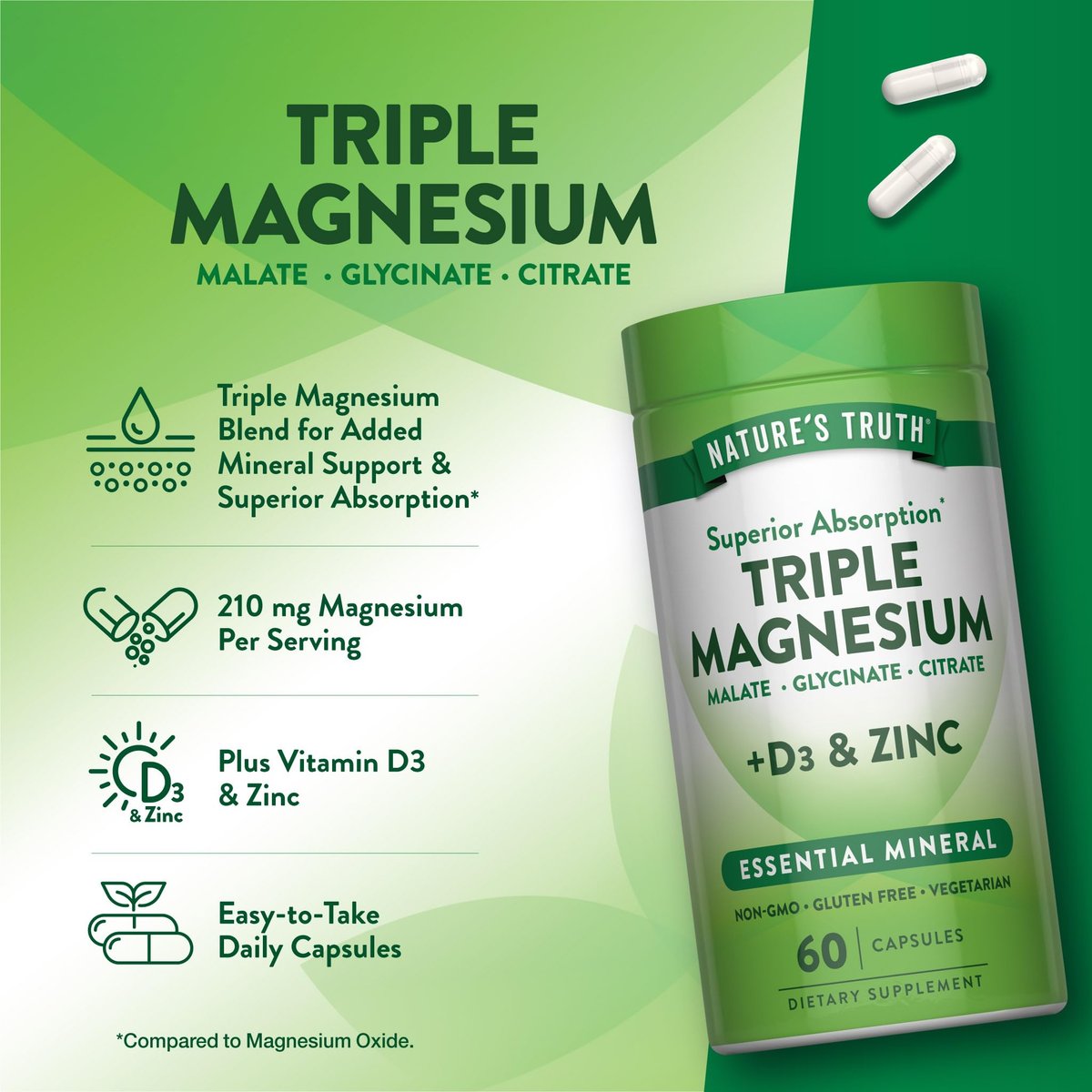 Nature's Truth Triple Magnesium Complex – 60 Kapseln mit Glycinat, Citrat & Malat, plus Vitamin D3 & Zink – Vegetarisch, Nicht-GVO, Glutenfrei