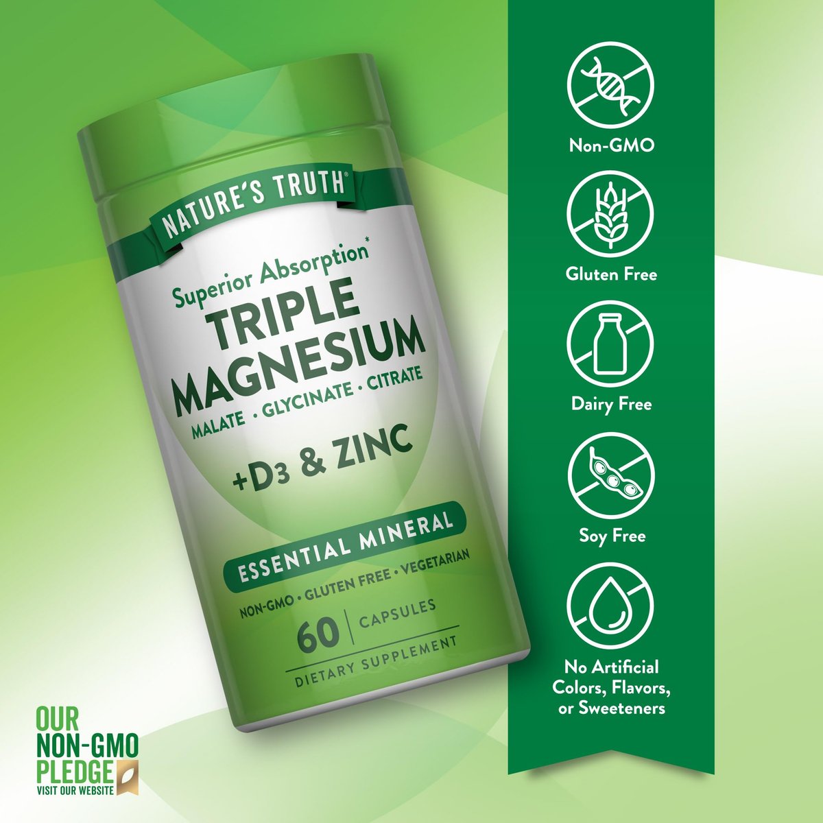 Nature's Truth Triple Magnesium Complex – 60 Kapseln mit Glycinat, Citrat & Malat, plus Vitamin D3 & Zink – Vegetarisch, Nicht-GVO, Glutenfrei
