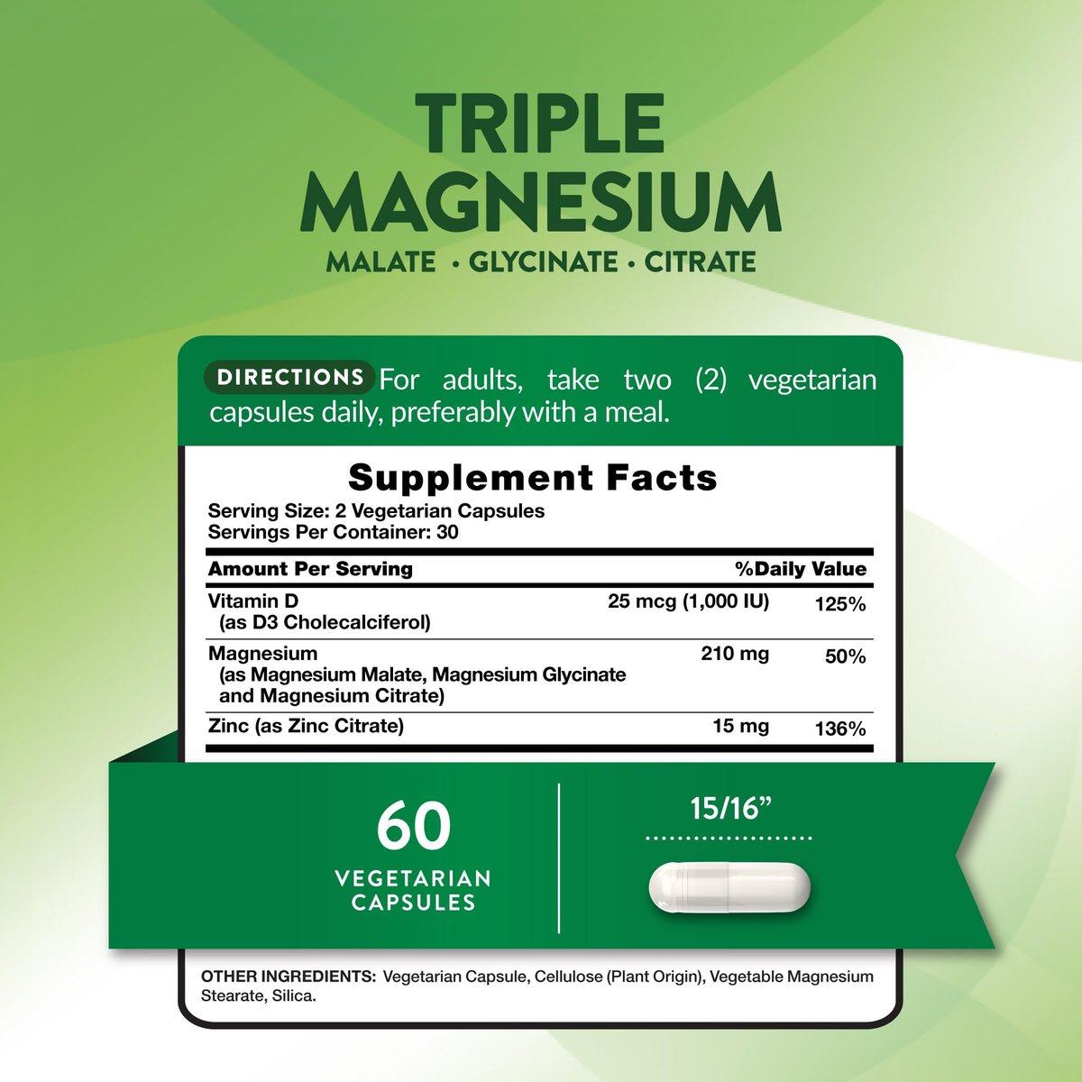 Nature's Truth Triple Magnesium Complex – 60 Kapseln mit Glycinat, Citrat & Malat, plus Vitamin D3 & Zink – Vegetarisch, Nicht-GVO, Glutenfrei