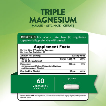 Nature's Truth Triple Magnesium Complex – 60 Kapseln mit Glycinat, Citrat & Malat, plus Vitamin D3 & Zink – Vegetarisch, Nicht-GVO, Glutenfrei