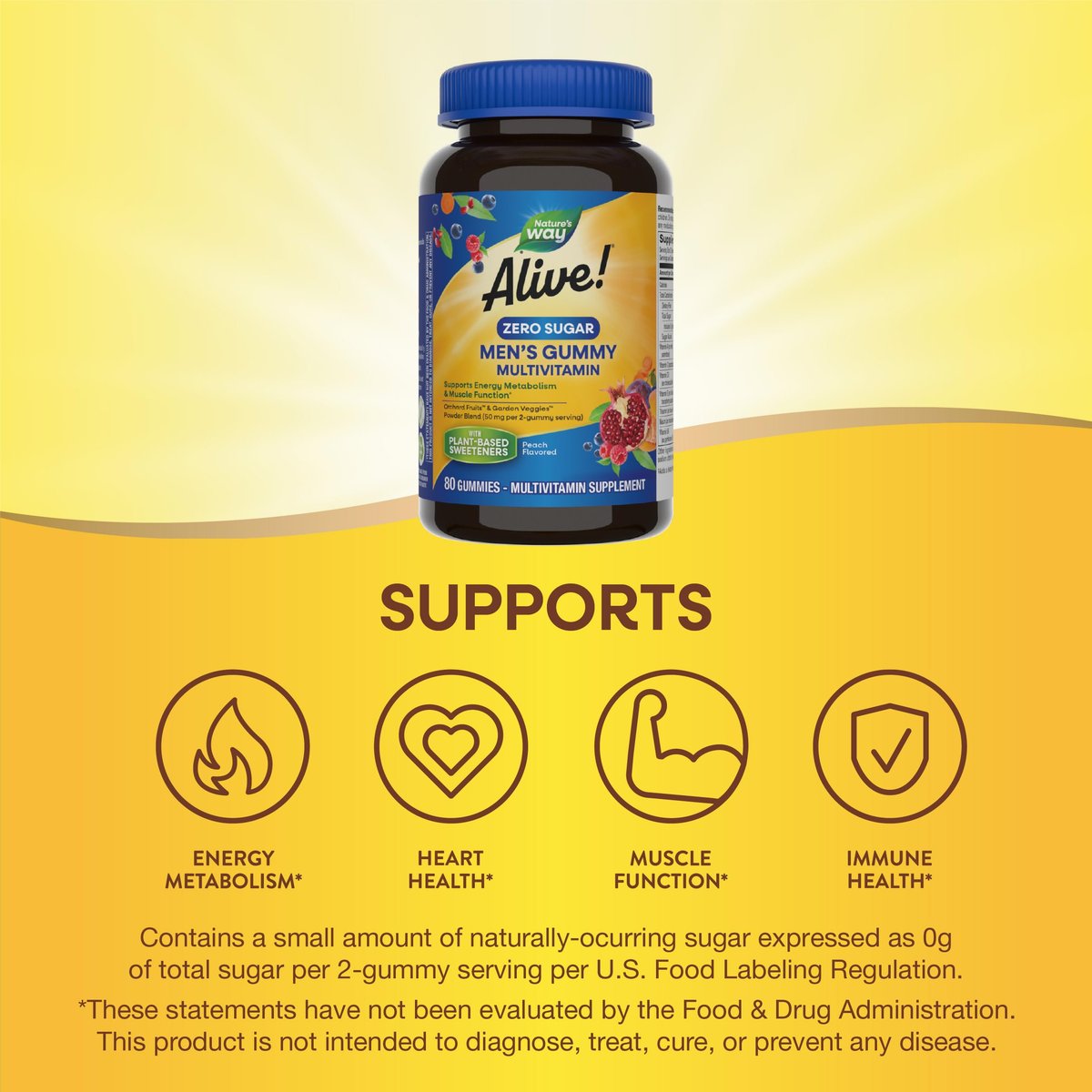 Nature's Way Alive! Zero Sugar Männer Multivitamin Gummis – Energie & Muskelfunktion*, Pfirsichgeschmack, 80 Gummis