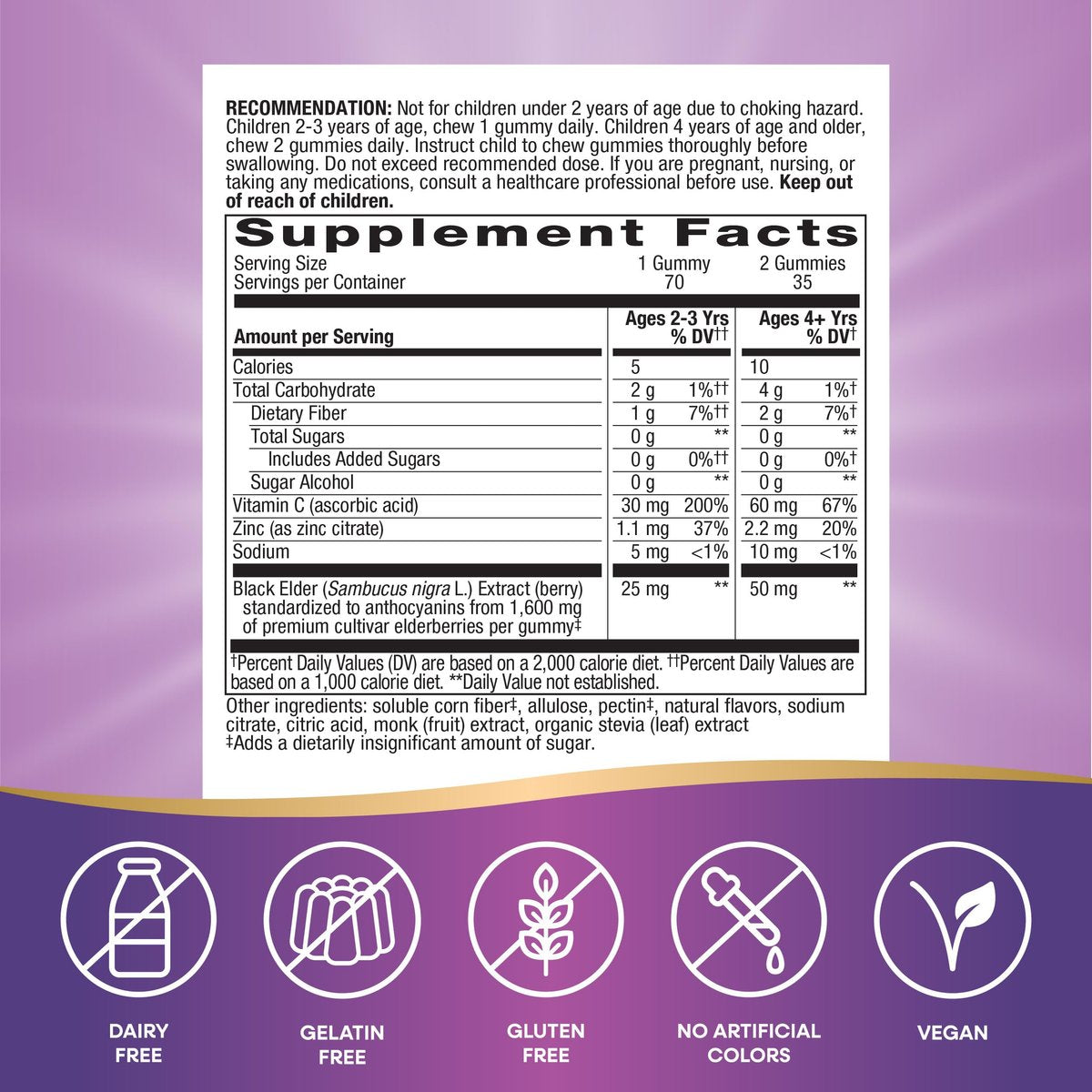 Nature's Way Sambucus Zero Sugar Immun-Gummis für Kinder - Holunder, Vitamin C, Zink, 70 Stück