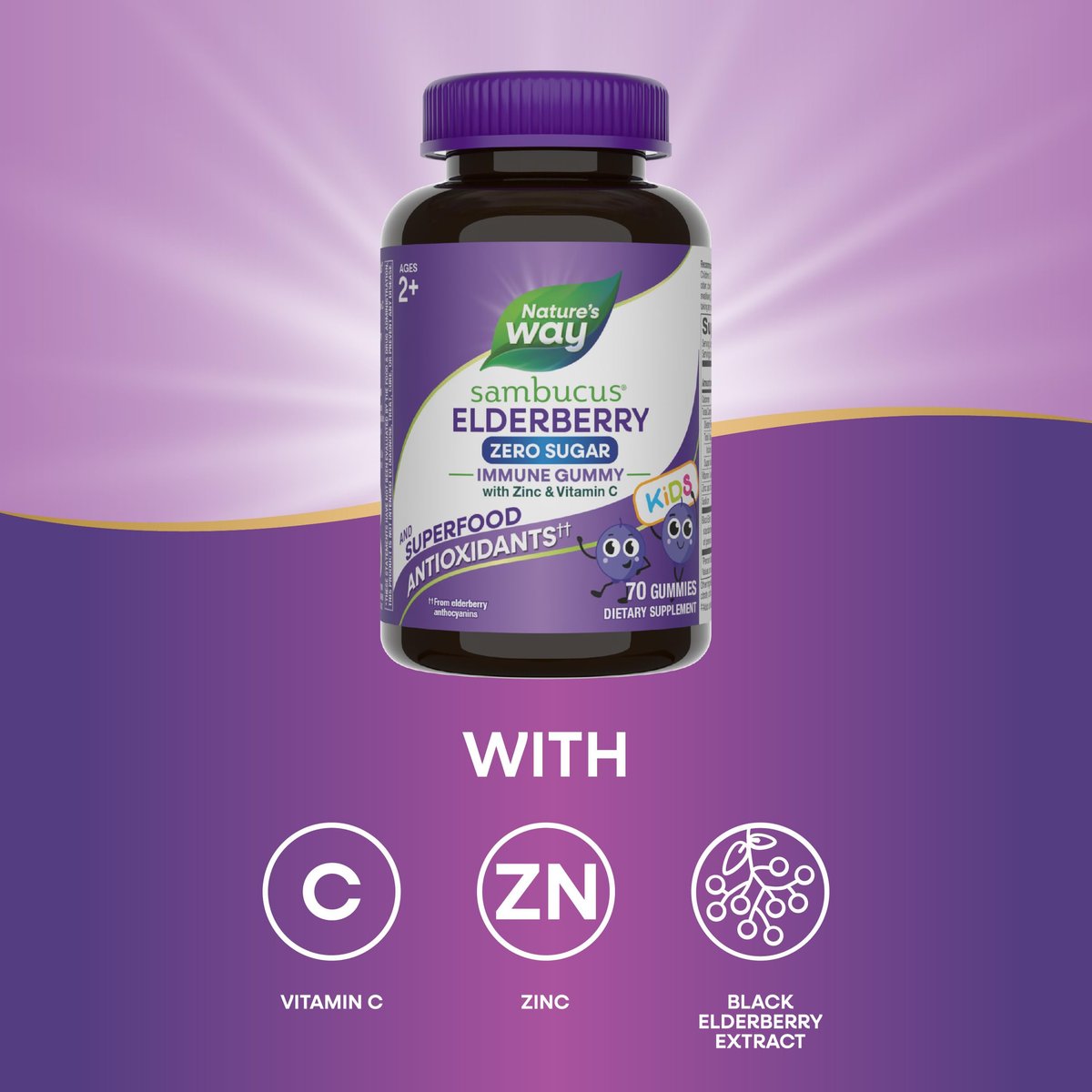 Nature's Way Sambucus Zero Sugar Immun-Gummis für Kinder - Holunder, Vitamin C, Zink, 70 Stück