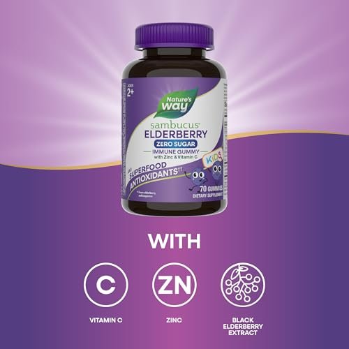 Nature's Way Sambucus Zero Sugar Immun-Gummis für Kinder - Holunder, Vitamin C, Zink, 70 Stück