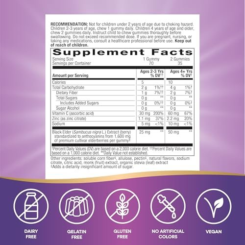 Nature's Way Sambucus Zero Sugar Immun-Gummis für Kinder - Holunder, Vitamin C, Zink, 70 Stück