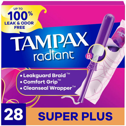Tampax Radiant Tampons mit LeakGuard Braid, Super Plus Saugstärke, unparfümiert, 28 Stück