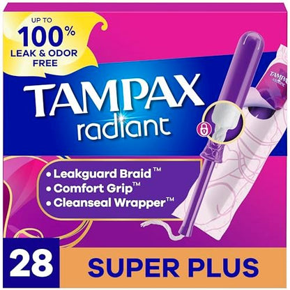 Tampax Radiant Tampons mit LeakGuard Braid, Super Plus Saugstärke, unparfümiert, 28 Stück