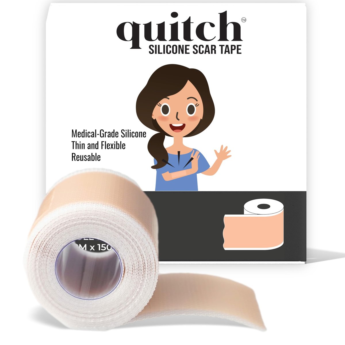 Quitch Silikon-Narbenpflaster für chirurgische Narben – Narbenband aus Silikon, C-Section Recovery Must Haves, Tummy Tuck Recovery, Postpartum Essentials Narbenbehandlung (Nude) 4x150cm