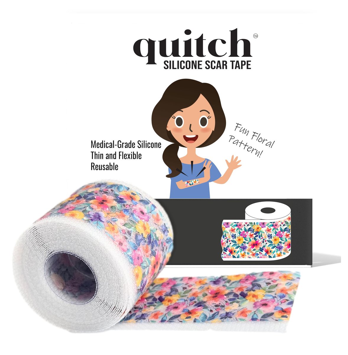 Quitch Silikon-Narbenpflaster für chirurgische Narben, Silikon-Narbenband, C-Section Recovery Must Haves, Tummy Tuck Recovery Must Haves, Postpartum Essentials Narbenbehandlung (Floral) 4x150cm