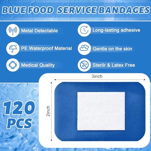 Geiserailie 120 Stück blaue erkennbare Pflaster für Lebensmittelindustrie, gewebte Fingerspitzen-Pflaster, wasserdicht, flexibel, mit nicht haftendem Pad, latexfrei, Catering-Erste-Hilfe-Set, Wundversorgung (5 x 7,5 cm, rechteckig)