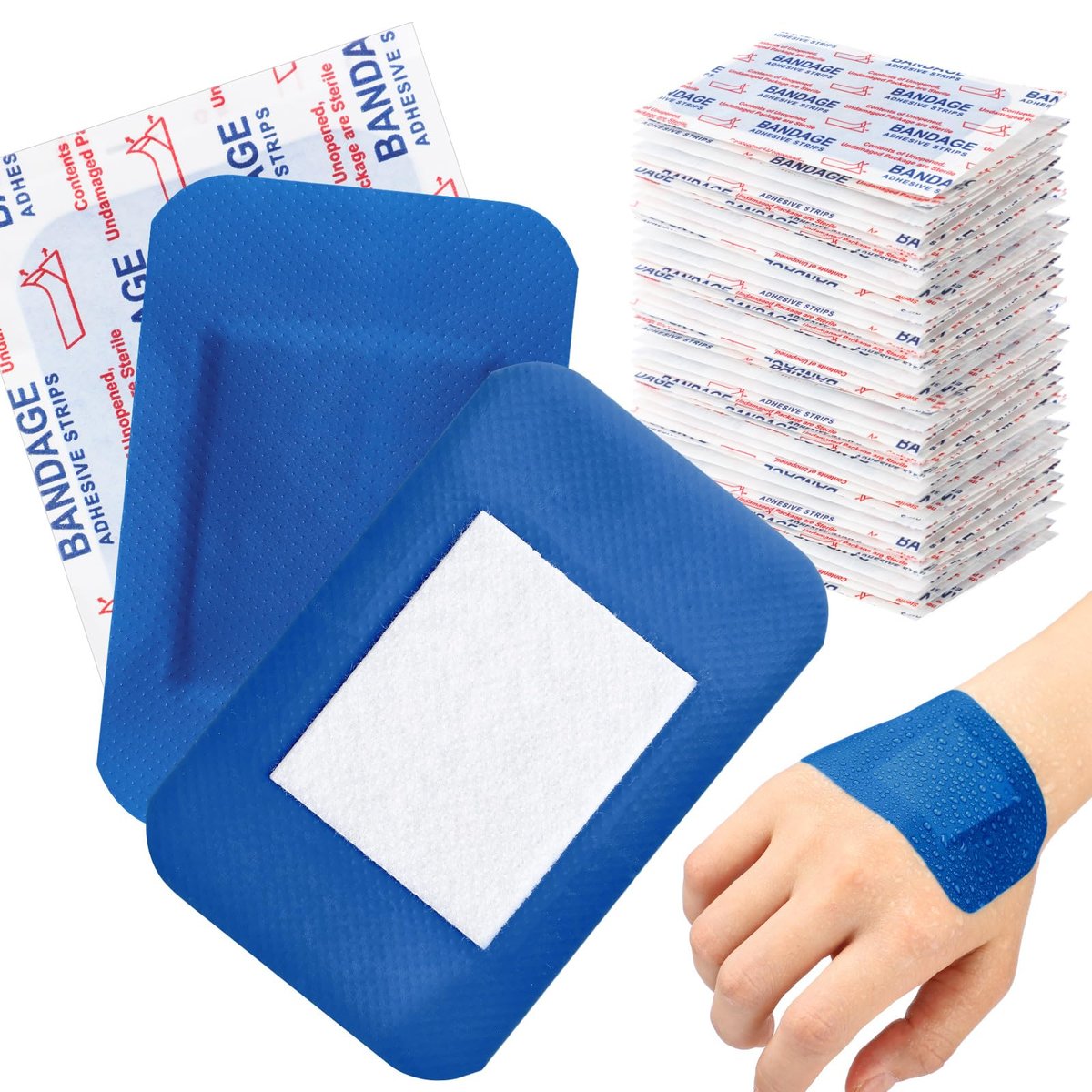 Geiserailie 120 Stück blaue erkennbare Pflaster für Lebensmittelindustrie, gewebte Fingerspitzen-Pflaster, wasserdicht, flexibel, mit nicht haftendem Pad, latexfrei, Catering-Erste-Hilfe-Set, Wundversorgung (5 x 7,5 cm, rechteckig)