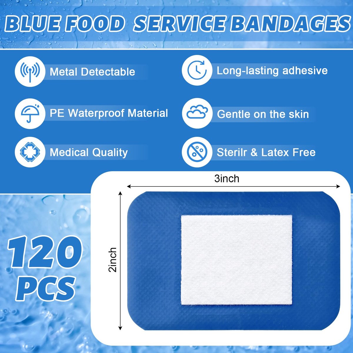 Geiserailie 120 Stück blaue erkennbare Pflaster für Lebensmittelindustrie, gewebte Fingerspitzen-Pflaster, wasserdicht, flexibel, mit nicht haftendem Pad, latexfrei, Catering-Erste-Hilfe-Set, Wundversorgung (5 x 7,5 cm, rechteckig)
