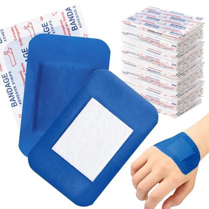 Geiserailie 120 Stück blaue erkennbare Pflaster für Lebensmittelindustrie, gewebte Fingerspitzen-Pflaster, wasserdicht, flexibel, mit nicht haftendem Pad, latexfrei, Catering-Erste-Hilfe-Set, Wundversorgung (5 x 7,5 cm, rechteckig)