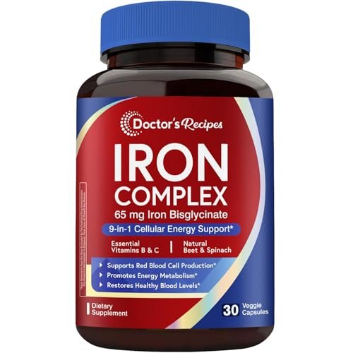 Doctor's Recipes Eisenpräparat für Frauen – 65 mg Eisenbisglycinat mit Vitamin C, B6, Folsäure & B12, Rote Bete & Spinat – Energieproduktion & Blutgesundheit – Magenfreundlich – 30 vegane Kapseln