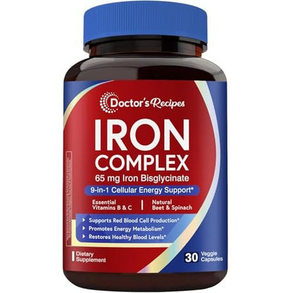 Doctor's Recipes Eisenpräparat für Frauen – 65 mg Eisenbisglycinat mit Vitamin C, B6, Folsäure & B12, Rote Bete & Spinat – Energieproduktion & Blutgesundheit – Magenfreundlich – 30 vegane Kapseln