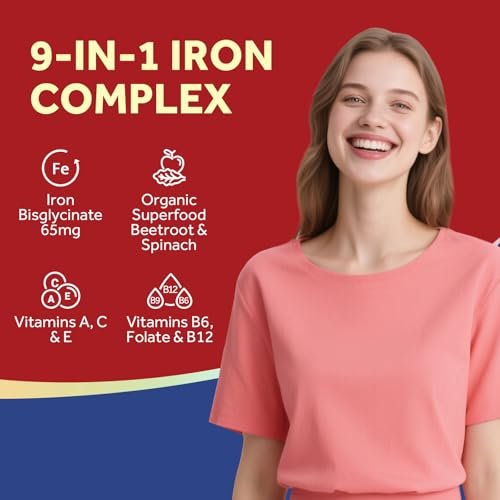Doctor's Recipes Eisenpräparat für Frauen – 65 mg Eisenbisglycinat mit Vitamin C, B6, Folsäure & B12, Rote Bete & Spinat – Energieproduktion & Blutgesundheit – Magenfreundlich – 30 vegane Kapseln