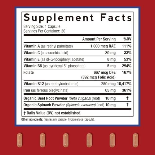 Doctor's Recipes Eisenpräparat für Frauen – 65 mg Eisenbisglycinat mit Vitamin C, B6, Folsäure & B12, Rote Bete & Spinat – Energieproduktion & Blutgesundheit – Magenfreundlich – 30 vegane Kapseln