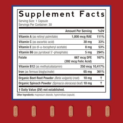 Doctor's Recipes Eisenpräparat für Frauen – 65 mg Eisenbisglycinat mit Vitamin C, B6, Folsäure & B12, Rote Bete & Spinat – Energieproduktion & Blutgesundheit – Magenfreundlich – 30 vegane Kapseln