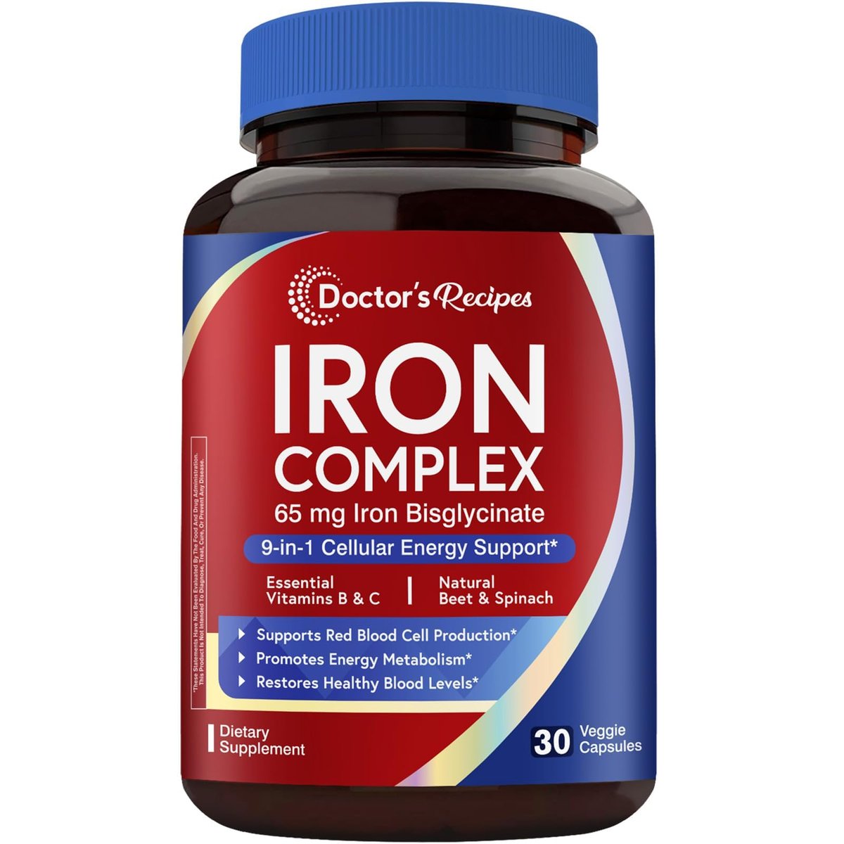 Doctor's Recipes Eisenpräparat für Frauen – 65 mg Eisenbisglycinat mit Vitamin C, B6, Folsäure & B12, Rote Bete & Spinat – Energieproduktion & Blutgesundheit – Magenfreundlich – 30 vegane Kapseln