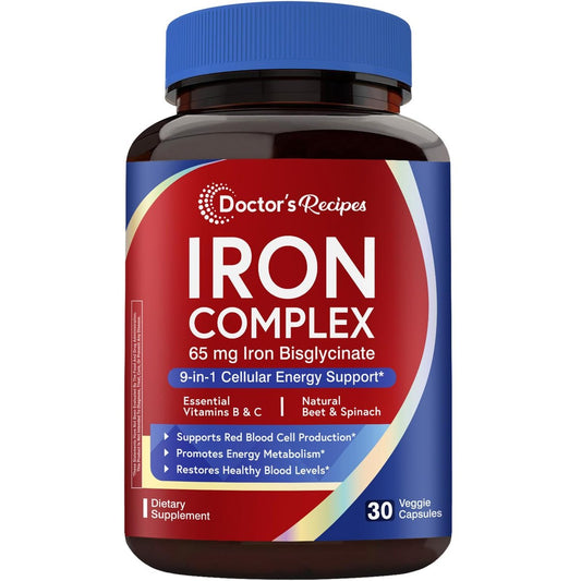 Doctor's Recipes Eisenpräparat für Frauen – 65 mg Eisenbisglycinat mit Vitamin C, B6, Folsäure & B12, Rote Bete & Spinat – Energieproduktion & Blutgesundheit – Magenfreundlich – 30 vegane Kapseln