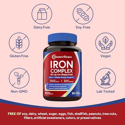 Doctor's Recipes Eisenpräparat für Frauen – 65 mg Eisenbisglycinat mit Vitamin C, B6, Folsäure & B12, Rote Bete & Spinat – Energieproduktion & Blutgesundheit – Magenfreundlich – 30 vegane Kapseln