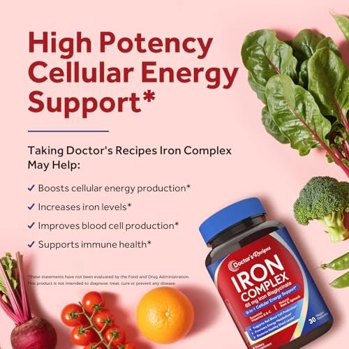Doctor's Recipes Eisenpräparat für Frauen – 65 mg Eisenbisglycinat mit Vitamin C, B6, Folsäure & B12, Rote Bete & Spinat – Energieproduktion & Blutgesundheit – Magenfreundlich – 30 vegane Kapseln