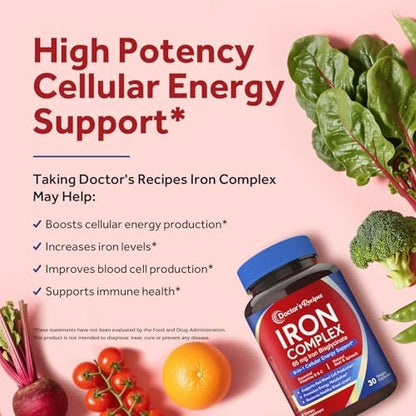 Doctor's Recipes Eisenpräparat für Frauen – 65 mg Eisenbisglycinat mit Vitamin C, B6, Folsäure & B12, Rote Bete & Spinat – Energieproduktion & Blutgesundheit – Magenfreundlich – 30 vegane Kapseln