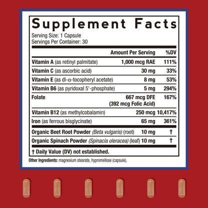 Doctor's Recipes Eisenpräparat für Frauen – 65 mg Eisenbisglycinat mit Vitamin C, B6, Folsäure & B12, Rote Bete & Spinat – Energieproduktion & Blutgesundheit – Magenfreundlich – 30 vegane Kapseln