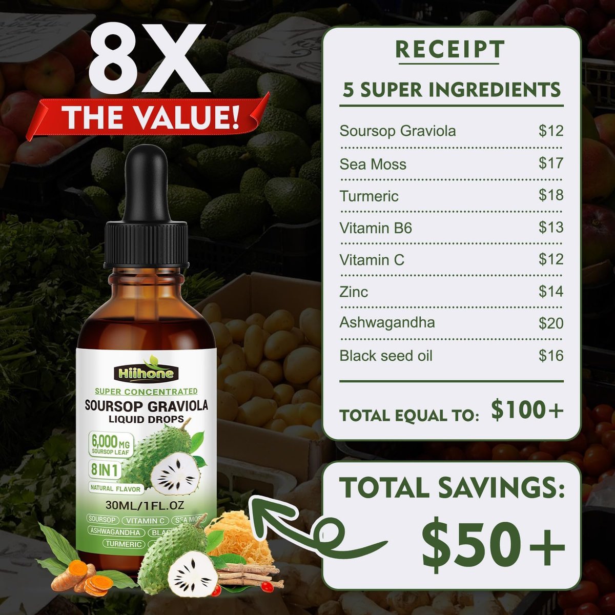 (2er-Pack) 8-in-1 Graviola Soursop Blattextrakt Flüssigkeit - Soursop Bitters Liquid mit Seemoos, Ashwagandha und Kurkuma für Immun- & Leberunterstützung, Schlaf & Antioxidans & Zellschutz, 1 Fl Oz