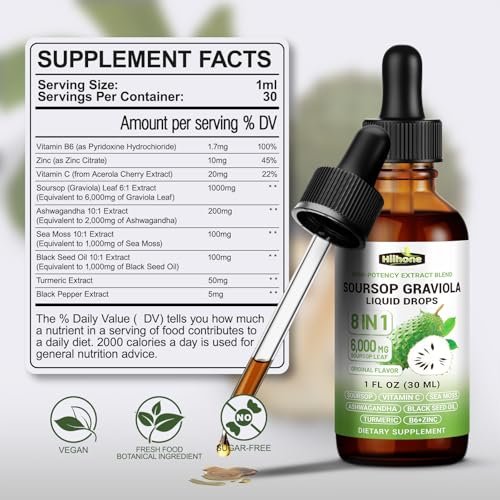 (2er-Pack) 8-in-1 Graviola Soursop Blattextrakt Flüssigkeit - Soursop Bitters Liquid mit Seemoos, Ashwagandha und Kurkuma für Immun- & Leberunterstützung, Schlaf & Antioxidans & Zellschutz, 1 Fl Oz