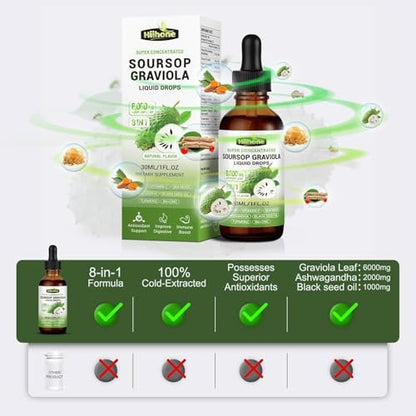 (2er-Pack) 8-in-1 Graviola Soursop Blattextrakt Flüssigkeit - Soursop Bitters Liquid mit Seemoos, Ashwagandha und Kurkuma für Immun- & Leberunterstützung, Schlaf & Antioxidans & Zellschutz, 1 Fl Oz