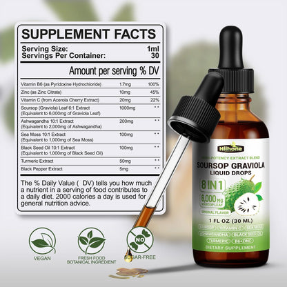 (2er-Pack) 8-in-1 Graviola Soursop Blattextrakt Flüssigkeit - Soursop Bitters Liquid mit Seemoos, Ashwagandha und Kurkuma für Immun- & Leberunterstützung, Schlaf & Antioxidans & Zellschutz, 1 Fl Oz