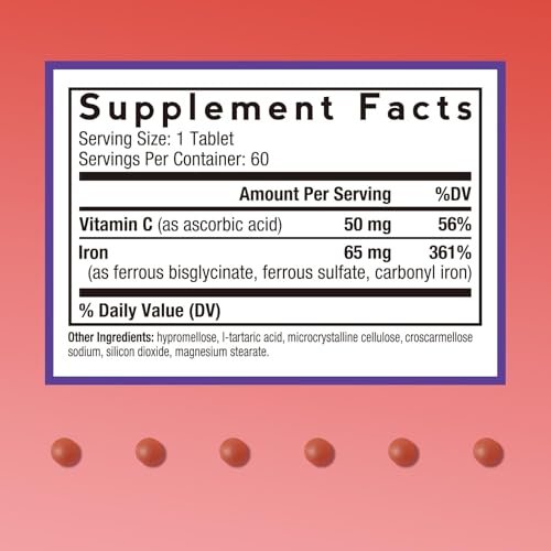 Doctor's Recipes Eisenpräparat für Frauen & Männer, 65 mg aus Eisenbisglycinat, Sulfat und Carbonyleisen, nicht verstopfend, mit Vitamin C für optimale Aufnahme, Energie, Blutunterstützung, 60 Tabletten