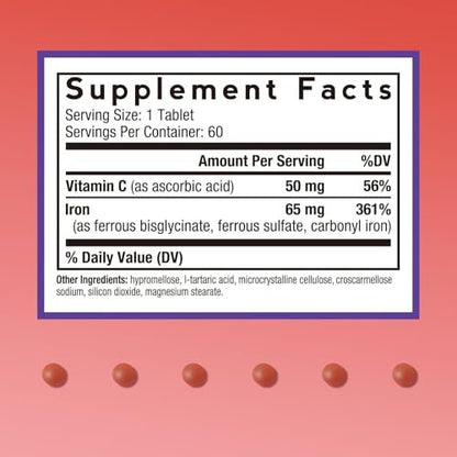 Doctor's Recipes Eisenpräparat für Frauen & Männer, 65 mg aus Eisenbisglycinat, Sulfat und Carbonyleisen, nicht verstopfend, mit Vitamin C für optimale Aufnahme, Energie, Blutunterstützung, 60 Tabletten