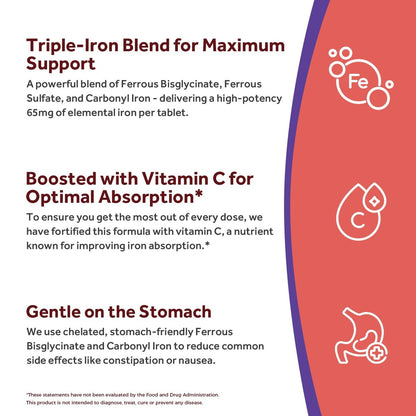 Doctor's Recipes Eisenpräparat für Frauen & Männer, 65 mg aus Eisenbisglycinat, Sulfat und Carbonyleisen, nicht verstopfend, mit Vitamin C für optimale Aufnahme, Energie, Blutunterstützung, 60 Tabletten