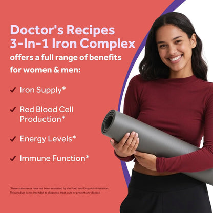 Doctor's Recipes Eisenpräparat für Frauen & Männer, 65 mg aus Eisenbisglycinat, Sulfat und Carbonyleisen, nicht verstopfend, mit Vitamin C für optimale Aufnahme, Energie, Blutunterstützung, 60 Tabletten