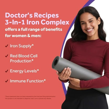 Doctor's Recipes Eisenpräparat für Frauen & Männer, 65 mg aus Eisenbisglycinat, Sulfat und Carbonyleisen, nicht verstopfend, mit Vitamin C für optimale Aufnahme, Energie, Blutunterstützung, 60 Tabletten