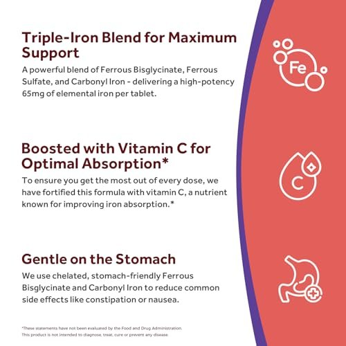 Doctor's Recipes Eisenpräparat für Frauen & Männer, 65 mg aus Eisenbisglycinat, Sulfat und Carbonyleisen, nicht verstopfend, mit Vitamin C für optimale Aufnahme, Energie, Blutunterstützung, 60 Tabletten