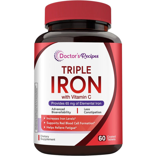 Doctor's Recipes Eisenpräparat für Frauen & Männer, 65 mg aus Eisenbisglycinat, Sulfat und Carbonyleisen, nicht verstopfend, mit Vitamin C für optimale Aufnahme, Energie, Blutunterstützung, 60 Tabletten