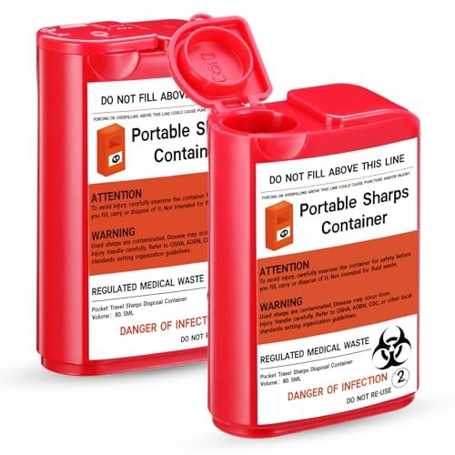 Baderke 2er-Pack Reise-Spitzbehälter für scharfe Gegenstände, 80 ml, klein, für zu Hause, für Diabetikerzubehör, Nadeln, Lanzetten, Teststreifen (Rot)