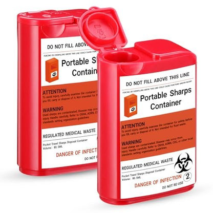 Baderke 2er-Pack Reise-Spitzbehälter für scharfe Gegenstände, 80 ml, klein, für zu Hause, für Diabetikerzubehör, Nadeln, Lanzetten, Teststreifen (Rot)