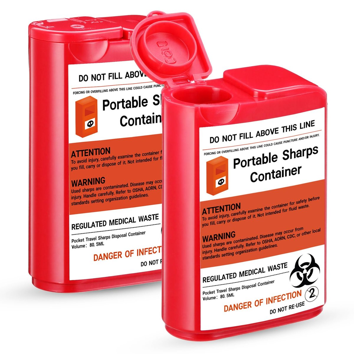 Baderke 2er-Pack Reise-Spitzbehälter für scharfe Gegenstände, 80 ml, klein, für zu Hause, für Diabetikerzubehör, Nadeln, Lanzetten, Teststreifen (Rot)