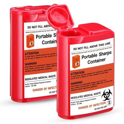 Baderke 2er-Pack Reise-Spitzbehälter für scharfe Gegenstände, 80 ml, klein, für zu Hause, für Diabetikerzubehör, Nadeln, Lanzetten, Teststreifen (Rot)
