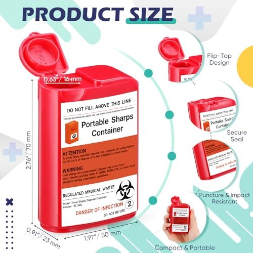 Baderke 2er-Pack Reise-Spitzbehälter für scharfe Gegenstände, 80 ml, klein, für zu Hause, für Diabetikerzubehör, Nadeln, Lanzetten, Teststreifen (Rot)